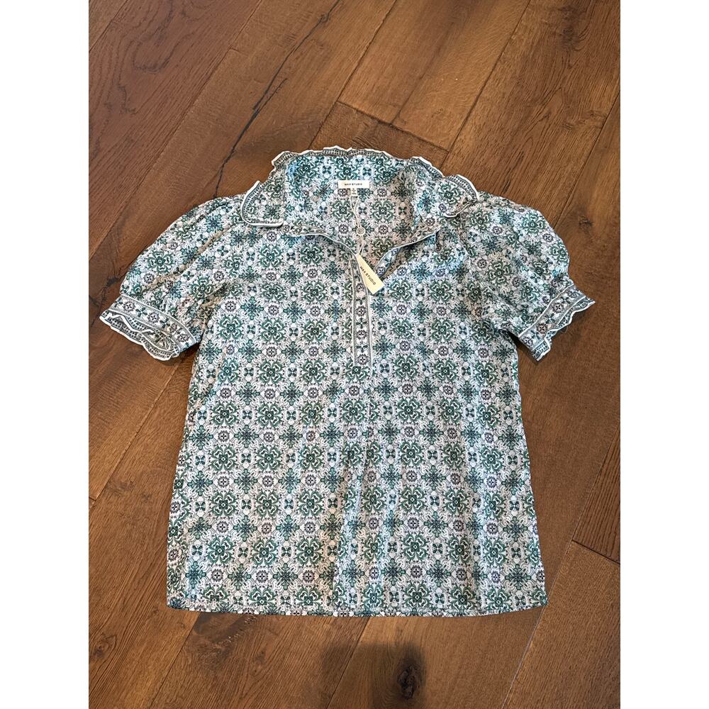 Max Studio Womens Small Green Tile Print Cotton Puff Sleeve Blouse NWT 3702Q35